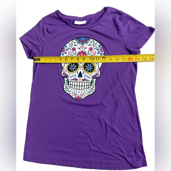 Purple Sugar Skull Graphic Tee Bobbie Brooks Medium Day of the Dead - Picture 7 of 9